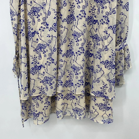 & Other Stories Ruffle Collar Cloud Print Mini Dress Women Sz 10 Tan Blue Tiered - Picture 13 of 15